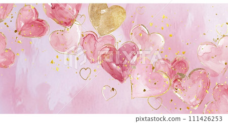 Floating Pink and Gold Hearts on a Soft Pink Backdrop, watercolor style, for Love Themed Events, Valentines, Birthday Greetings 111426253