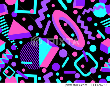 Memphis seamless pattern with 3d geometric shapes in 80s style. Colorful geometric pattern with isometric 3d shapes. Design of promotional products, wrapping paper and printing. Vector illustration 111426285