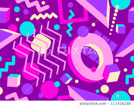 Memphis seamless pattern with 3d geometric shapes in 80s style. Colorful geometric pattern with isometric 3d shapes. Design of promotional products, wrapping paper and printing. Vector illustration 111426286