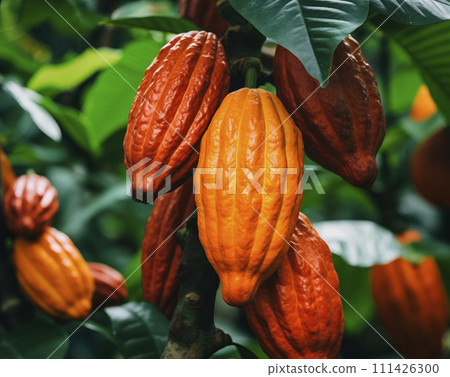 AI-generated content. Cocoa pods on tree with copy space, AI generated 111426300
