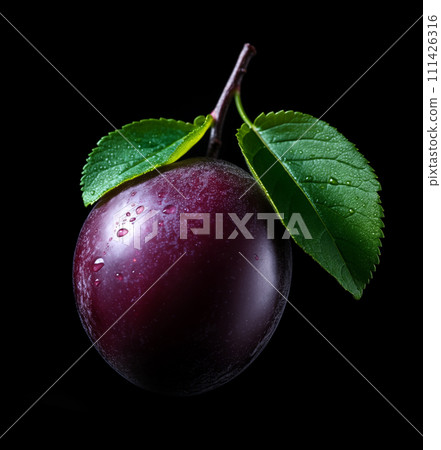AI-generated content. Plum with leaf isolated on black background, AI generated 111426316