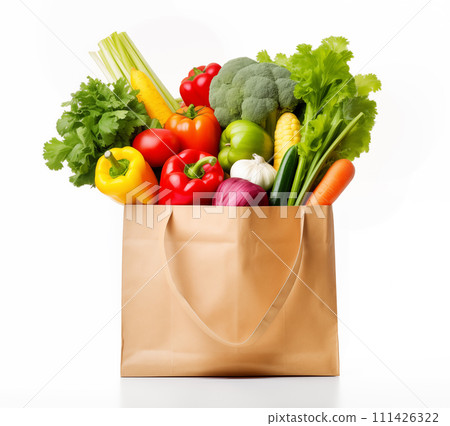 AI-generated content. Paper bag with fresh vegetables isolated on white background, AI generated 111426322