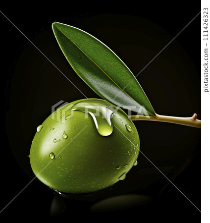 AI-generated content. One green olive with oil drops isolated on black background, AI generated 111426323
