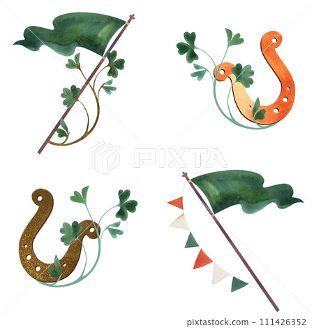Set of illustrations for St. Patrick's Day. Compositions for postcards and Irish holiday decorations. Isolated watercolor illustration on white background. Set of illustrations for St. Patrick's Day. Compositions for postcards and Irish holiday decorations. Isolated watercolor illustration on white background. 111426352