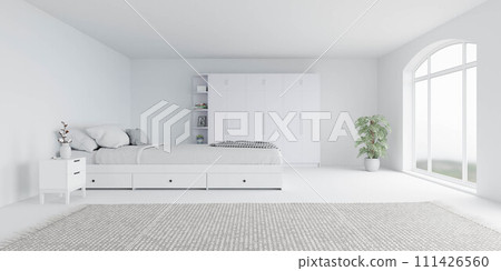 A White Bedroom With a Large Window and a Bed 3d render illustration A White Bedroom With a Large Window and a Bed 3d render illustration 111426560