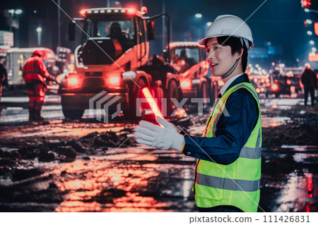 Security guard controlling traffic on the road Security guard controlling traffic on the road 111426831