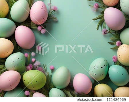 Colorful easter eggs and flowers on pastel green background. Top view with copy space 111426969