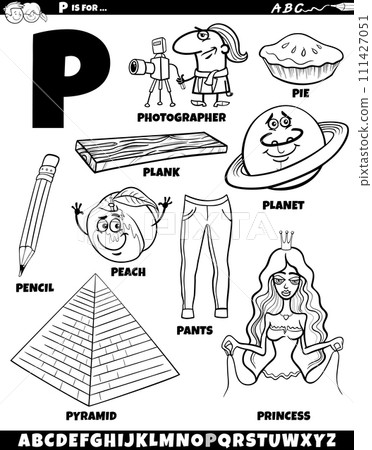 Letter P set with cartoon objects and characters coloring page 111427051