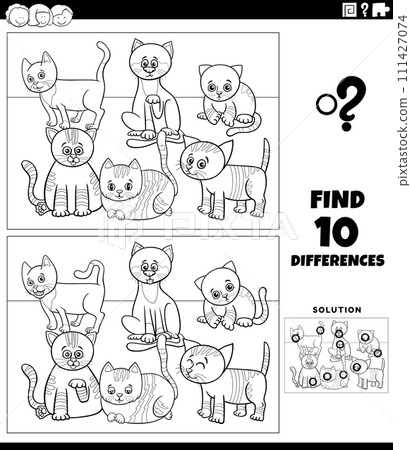 differences activity with cartoon cats characters coloring page differences activity with cartoon cats characters coloring page 111427074