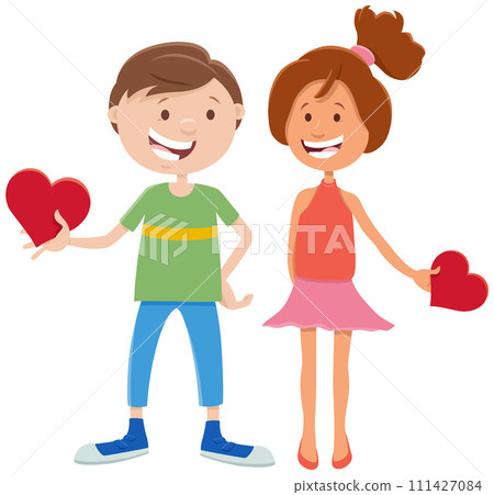 cartoon girl and boy characters on Valentines Day 111427084