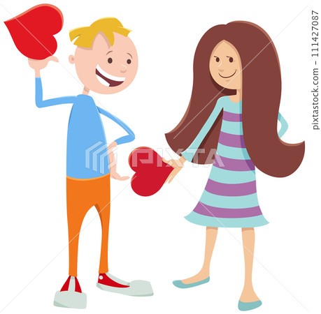cartoon girl and boy characters on Valentines Day 111427087