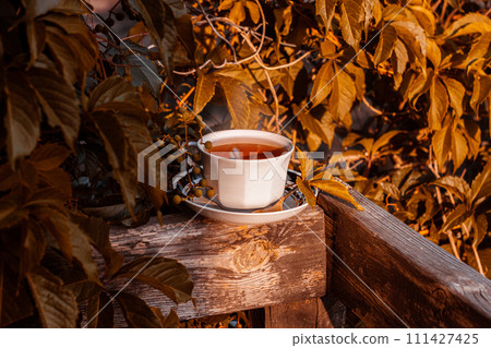 White porcelain tea cup on the wooden balcony yellow wild grapes background. Warm healthy herbal drink.Weekend breakfast 111427425