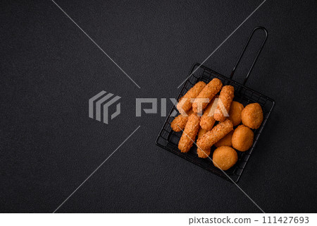 Delicious nuggets, rings and balls of mozzarella and parmesan cheese Delicious nuggets, rings and balls of mozzarella and parmesan cheese 111427693