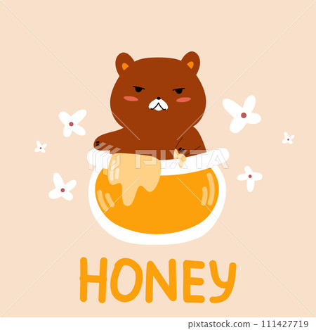 Cute bear character who is sitting in a jar of honey. Cartoon vector illustration. 111427719
