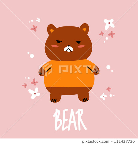 Cute cartoon bear with flowers and lettering. Vector illustration 111427720