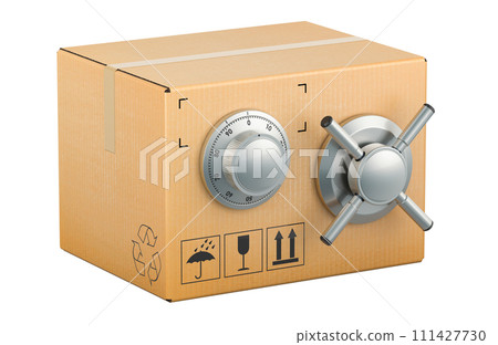 Parcel with safe combination dial and metal handle safe. 3D rendering 111427730