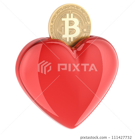Bitcoin with money box in heart shape, 3D rendering 111427732