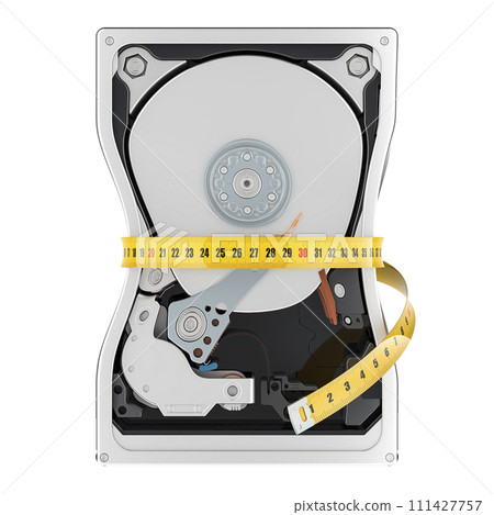 Capacity storage HDD, concept. Hard Disk Drive with measure tape around, 3D rendering 111427757