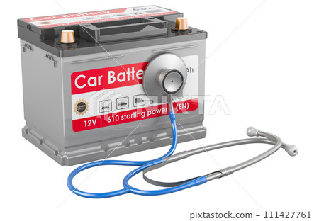 Car battery with stethoscope, service station and auto repair concept. 3D rendering 111427761