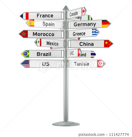 Route direction with different countries. Signpost with names of countries, 3D rendering Route direction with different countries. Signpost with names of countries, 3D rendering 111427774
