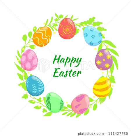 Happy Easter, wreath made of leaves and twigs and colorful eggs with greeting in the center 111427786