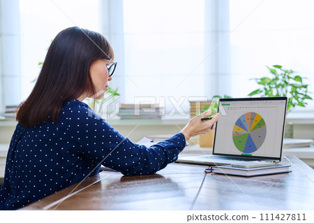 Business woman working with computer, economic growth graphs on laptop screen 111427811