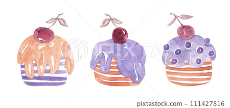 Cupcake with cherries. Watercolor layer cake set Cupcake with cherries. Watercolor layer cake set 111427816