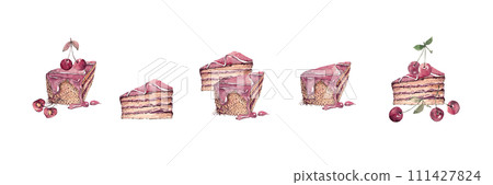 A piece of layer cake with cherries. Set of watercolor layer cakes A piece of layer cake with cherries. Set of watercolor layer cakes 111427824