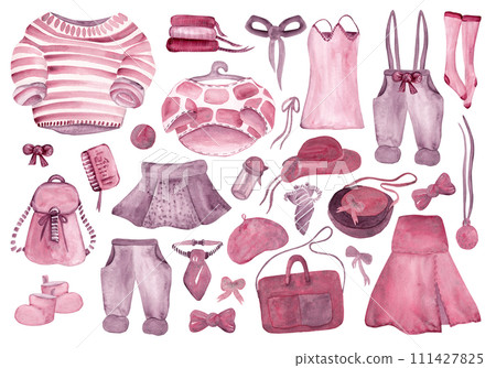 A large set of clothes for a young traveler. Clothes for travel. Isolated cartoon illustration of fashionable women's wardrobe A large set of clothes for a young traveler. Clothes for travel. Isolated cartoon illustration of fashionable women's wardrobe 111427825