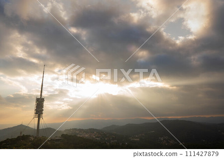 Tibidabo telecommunications tower in Barcelona on top of the mountain near the city 111427879