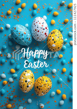 AI-generated content. Festive Easter card with speckled eggs in vibrant colors on a blue background, perfect for holiday greetings, marketing materials, and seasonal event promotions. 111427925
