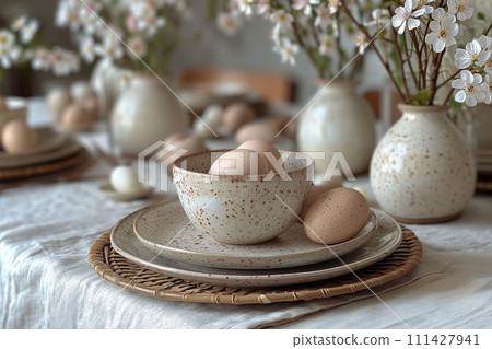 Spring's Quiet Bounty, a Ceramic Cradle for Easter's Eggs, Adorned by Blooms of Gentle Promise 111427941