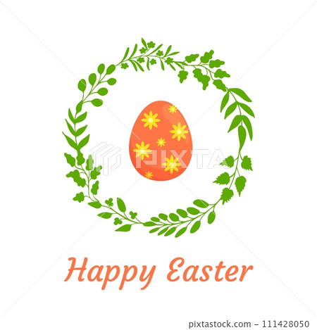 Orange Easter egg in green leafy wreath 111428050