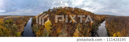 Autumn aerial river scenery with colorful forest 111428195