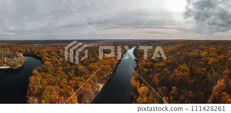 Autumn aerial panorama of colorful river valley Autumn aerial panorama of colorful river valley 111428261