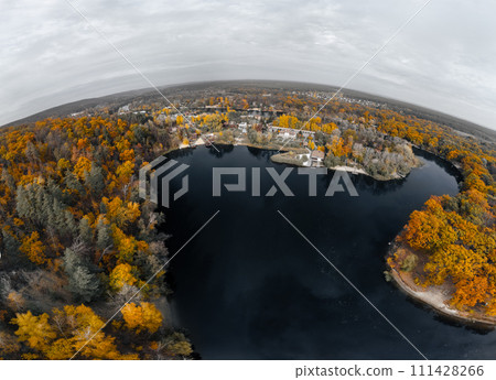 Aerial fish-eye panorama of autumn river landscape Aerial fish-eye panorama of autumn river landscape 111428266