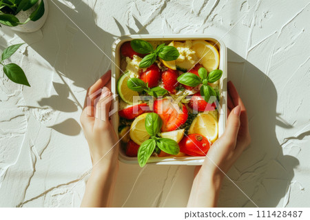 Female hands with a lunch box filled with a mediterranean dish. Generative AI 111428487