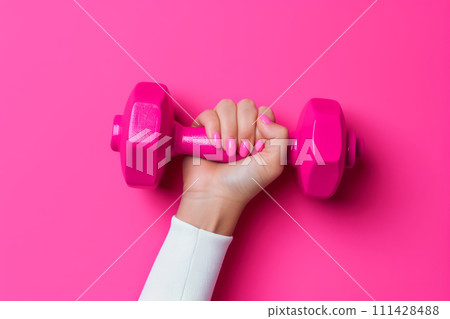 Woman's hand holding straight a bright pink dumbbell. Generative AI Woman's hand holding straight a bright pink dumbbell. Generative AI 111428488