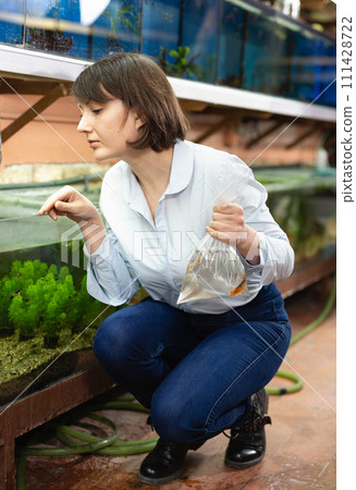 Female aquarist looking for fish Female aquarist looking for fish 111428722
