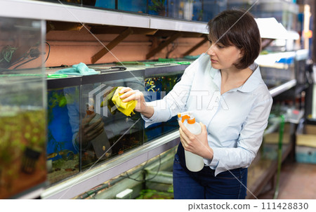 Saleswoman cleaning fish tanks 111428830