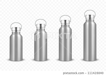 Vector Realistic 3d Silver Color, Steel or Chrome Metal Blank Glossy Reusable Water Bottle Set with Silver Bung Closeup Isolated on White Background. Design Template of Packaging Mockup. Front View Vector Realistic 3d Silver Color, Steel or Chrome Metal Blank Glossy Reusable Water Bottle Set with Silver Bung Closeup Isolated on White Background. Design Template of Packaging Mockup. Front View 111428840