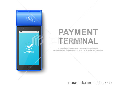 Vector 3d Realistic Blue NFC Payment Machine with Approved Status. Design Template for Bank Payment Contactless Terminal. Mockup of a Payment POS Terminal. Top View 111428848