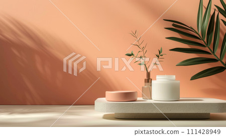 A bottle of cosmetic cream and a green plant on a white podium. 111428949