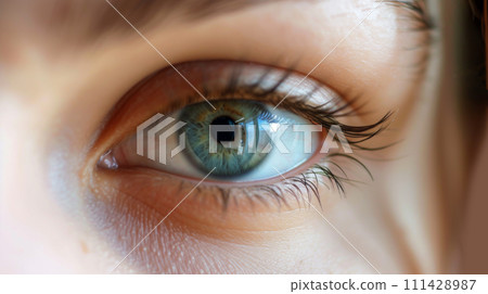 Close-up image of a beautiful female eye with a green iris. Open eye, macro photography. The concept of hyperrealism. 111428987