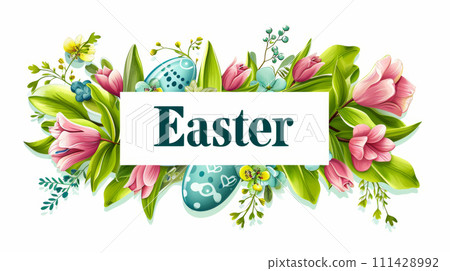 Easter banner with colorful eggs, flowers, and greenery. Easter banner with colorful eggs, flowers, and greenery. 111428992
