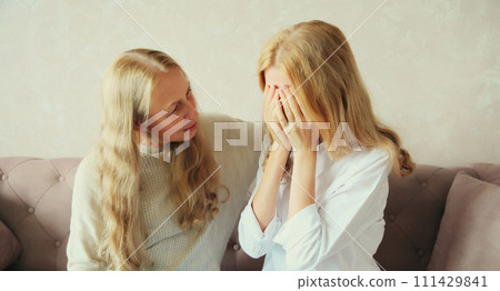 Upset offended middle aged mother or sister and adult daughter together sitting on couch at home 111429841