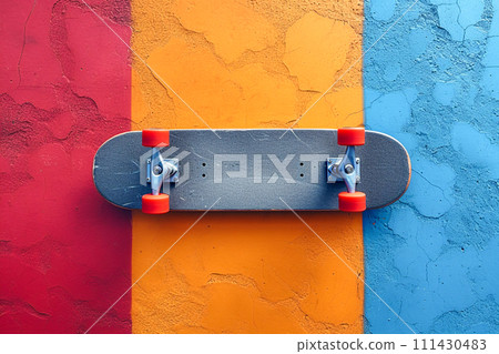 Top view of a skateboard with colorful background Top view of a skateboard with colorful background 111430483