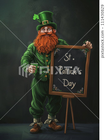 Animated character embodying leprechaun holds "St. Patrick's Day" sign, complete green hat, traditional Irish attire Animated character embodying leprechaun holds "St. Patrick's Day" sign, complete green hat, traditional Irish attire 111430829