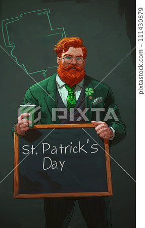 Man in the form leprechaun stands against background St. Patrick's Day sign, full green hat traditional Irish clothing 111430879