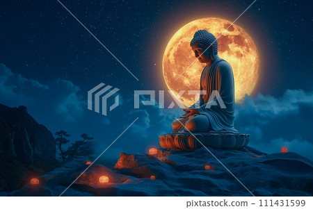 A Buddha statue in meditation beneath the full moon and surrounded by lotus. The concept evokes a sense of serenity and spiritual reflection. Generative AI. 111431599